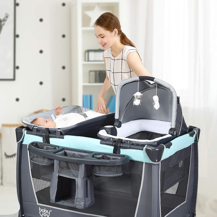 GOPLUS 4 in 1 Reisebett, Laufgitter Wiege Windeltisch, ab Geburt bis 15 kg, mit Matratze&Wickelaufla