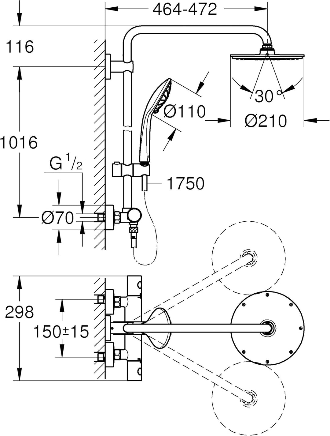GROHE Euphoria 210 - Duschsystem mit Thermostatbatterie (Wandmontage, Sicherheitssperre bei 38°C, pe