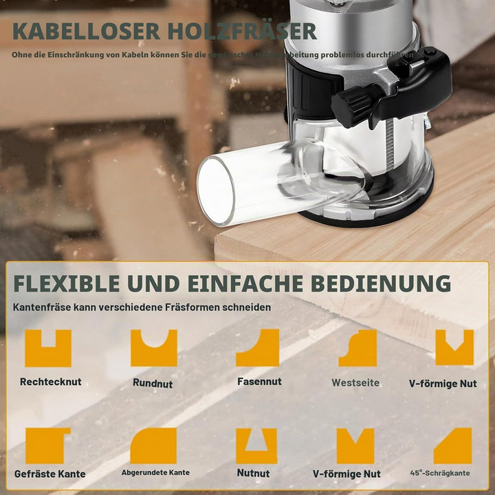 Kabelloser Oberfräse Dewalt, 18/20 V Akku, 800 W, 30.000 U/min, bürstenlos, 6 Geschwindigkeiten, Alu