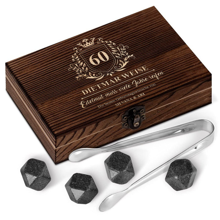 Maverton Whisky Steine Set - in Holzbox - personalisiert - 6 Eiswürfel + Zange + Velourbeutel - Kühl