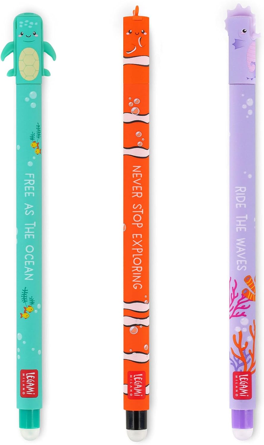 LEGAMI - 3er Set Gel Radierstifte, Unter dem Meer, Stifte mit radierbarer Tinte, Türkis, Schwarz, Li