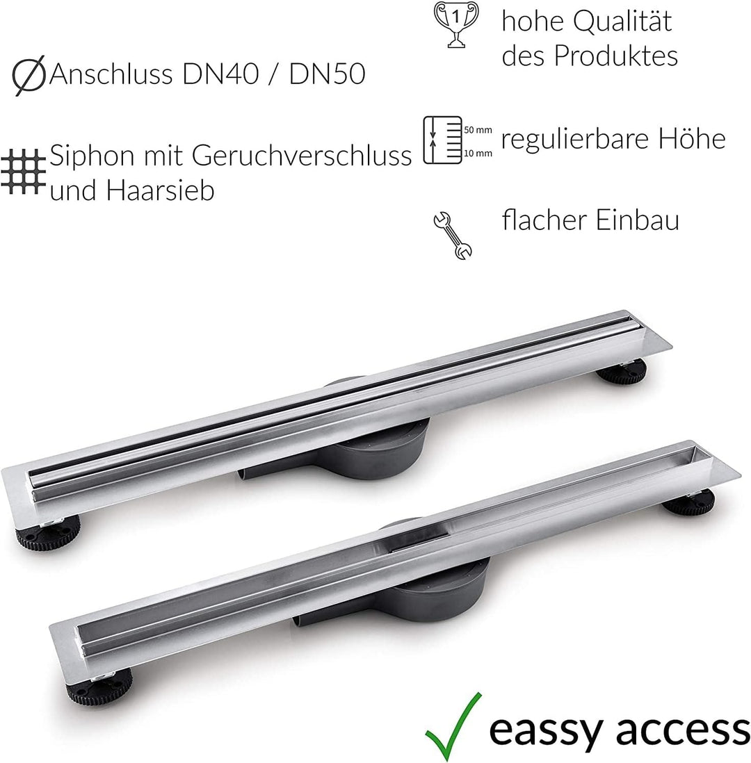 VBChome Duschrinne 70 cm ULTRA SLIM FLACH sehr edelstahl Bodenablauf Siphon mit Geruchsstop Grössen
