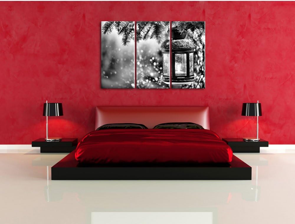 Pixxprint Laterne im Winter als Leinwandbild | Grösse: 3 Teilig (120x80) | Wandbild| Kunstdruck | fe