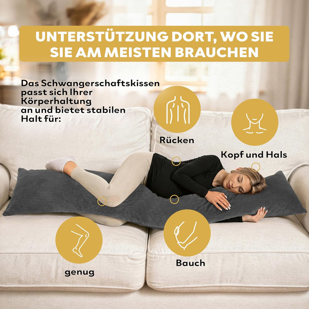 Schwangerschaftskissen 40x145 cm | Schwangerschaftskissen | Allergiker geeignet (Dunkelgrau, 145 x 4
