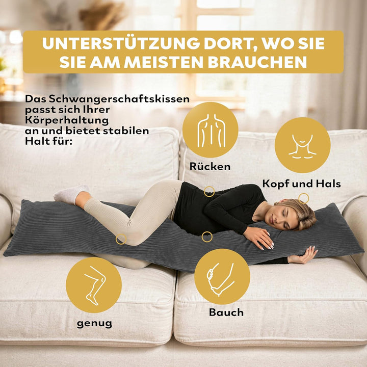 Schwangerschaftskissen 40x145 cm | Schwangerschaftskissen | Allergiker geeignet (Dunkelgrau, 145 x 4