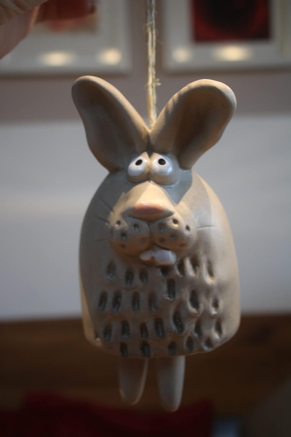 Holzwurm 4 Glocken aus Keramik, Dekohänger Glocke, Maulwurf, Hase, Maus und Schaf, Höhe ca. 15 cm