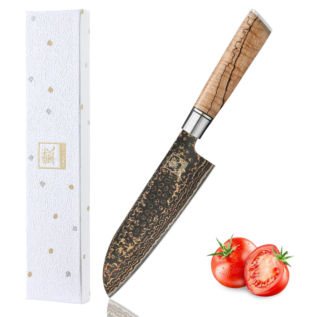 zayiko BlackMagma Damastmesser Santoku I 16,5 cm Klinge aus Damaststahl mit Kupfer & Bronze sowie Ah