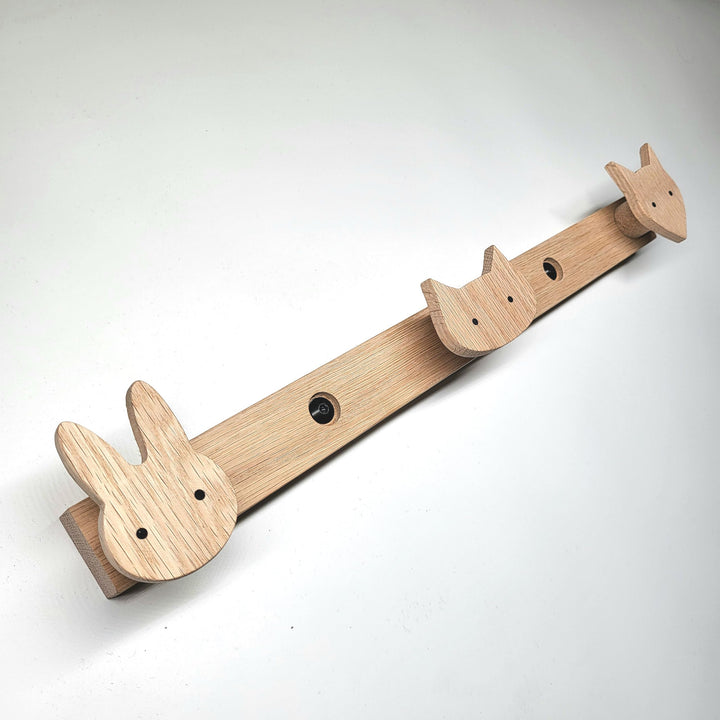 ScandiHooks Kinder Garderobe aus massivem Eichenholz, Wald-Tiere, Wandgarderobe, Hakenleiste, Bilder