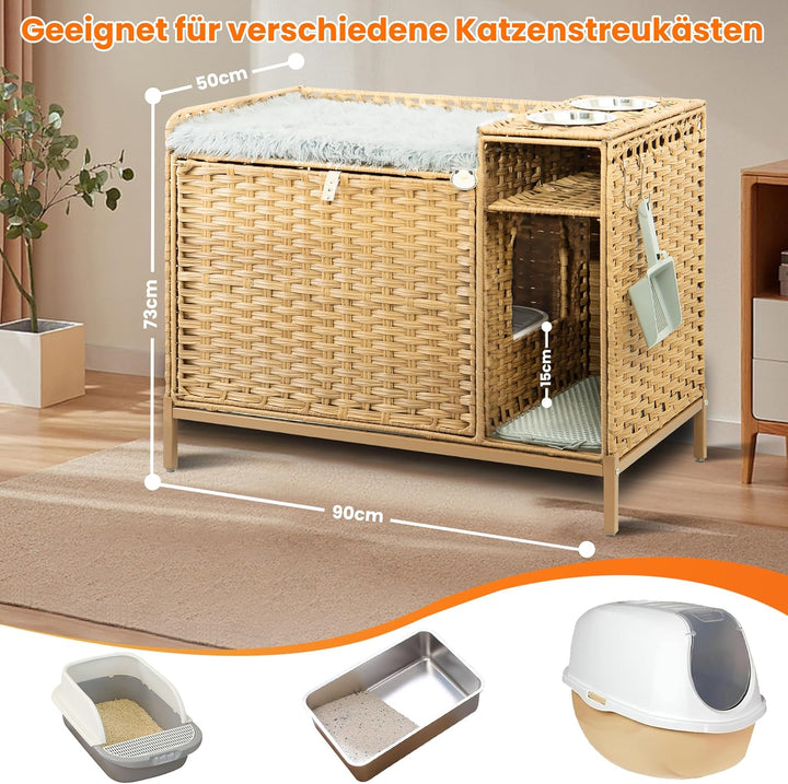 XXL Verstecktes Katzenklo Möbel mit Plüschkissen, 90x50x65cm Handgewebtes Rattan Katzenhaus, Stabil