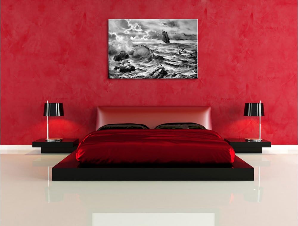 Pixxprint Monocrome, Sturm überm Meer Kunst, Format: 100x70 auf Leinwand, 100x70