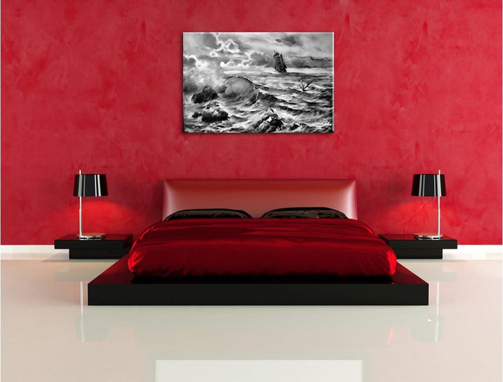 Pixxprint Monocrome, Sturm überm Meer Kunst, Format: 100x70 auf Leinwand, 100x70