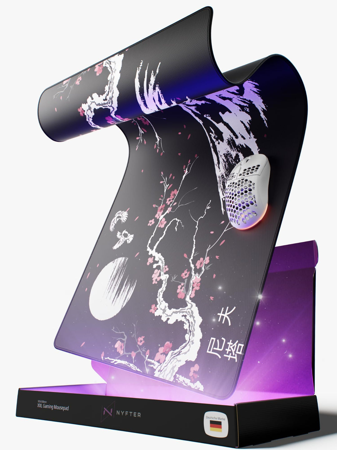 Nyfter - XXL Gaming Mauspad Sakura Weiss 900 x 500mm Premium Fuji Mousepad Size Gross vernähte Kante