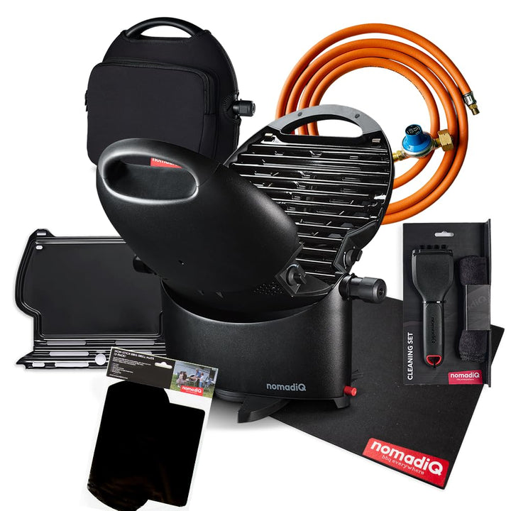nomadiQ Holiday Cooking Pakket | Tragbarer Gas BBQ Grill | Klein, Mini, Leichtgewicht Tischgrill | P