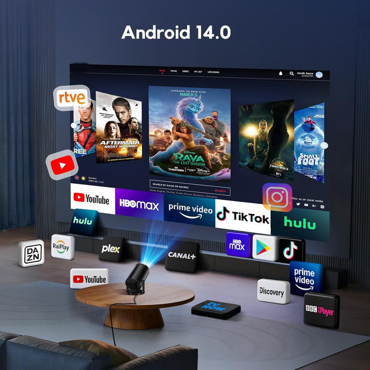Smart Mini Beamer 1080P Unterstützt, Tragbarer Projektor AKIYO O2 mit WiFi 6 und Bluetooth 5.4, Beam