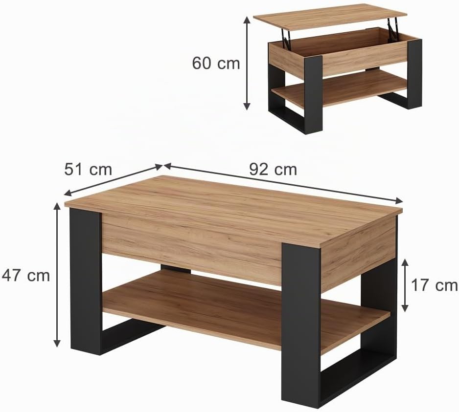 Vicco Couchtisch Lifto, Eiche/Anthrazit, 92 x 51 cm mit Liftfunktion, Oak/Anthracite
