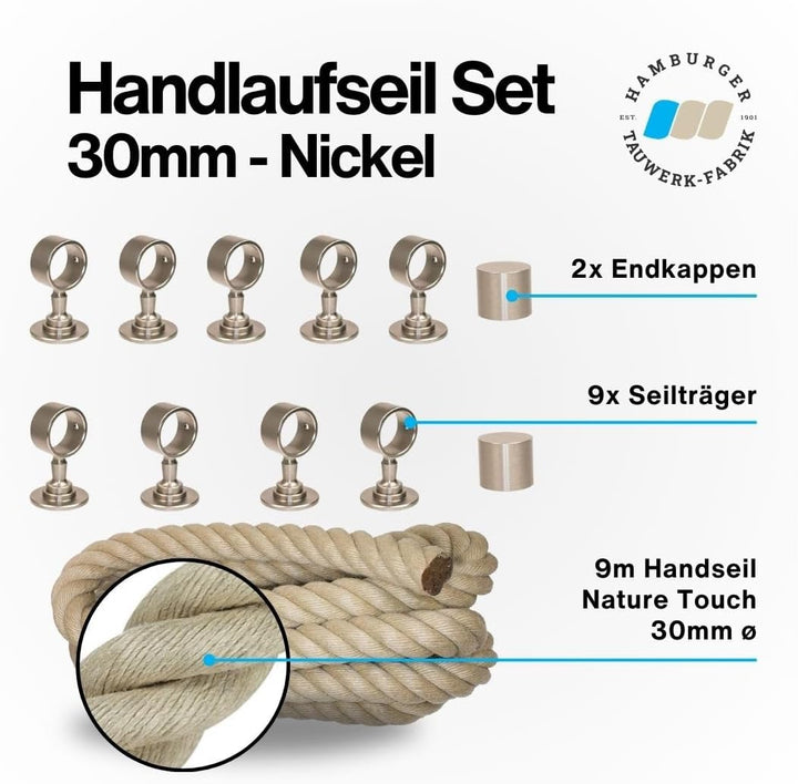 Handlaufseil Set 30mm - bestehend aus 2 Endkappen 9 Seilträger vernickelt und 9m "Nature Touch" Hand