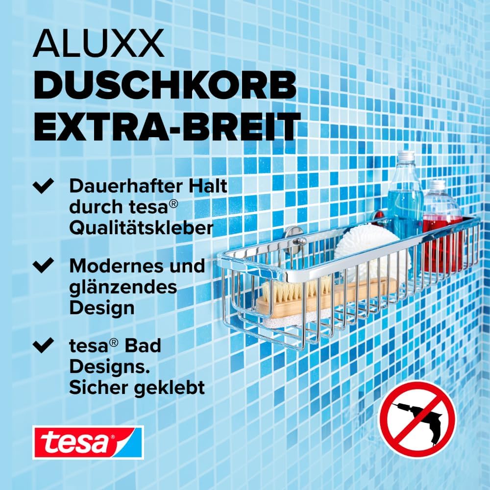 tesa ALUXX Duschkorb ohne Bohren, extra breit (45cm), Aluminium, verchromt, rostfrei, inkl. Klebelös