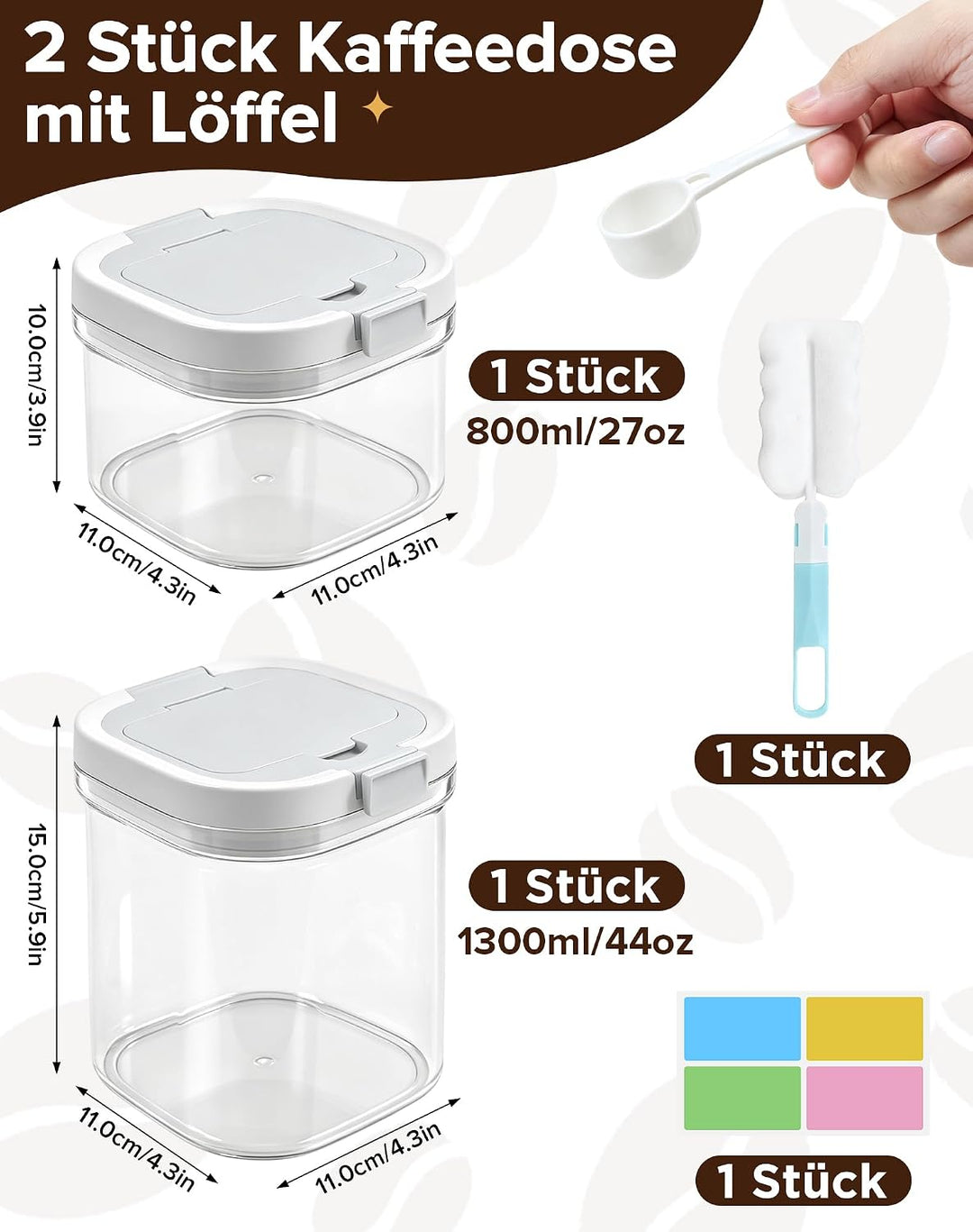 2 Stück Kaffeedose Luftdicht mit Löffel(800ml + 1300ml), Feuchtigkeitsdichte Kaffeebehälter，Vielseit