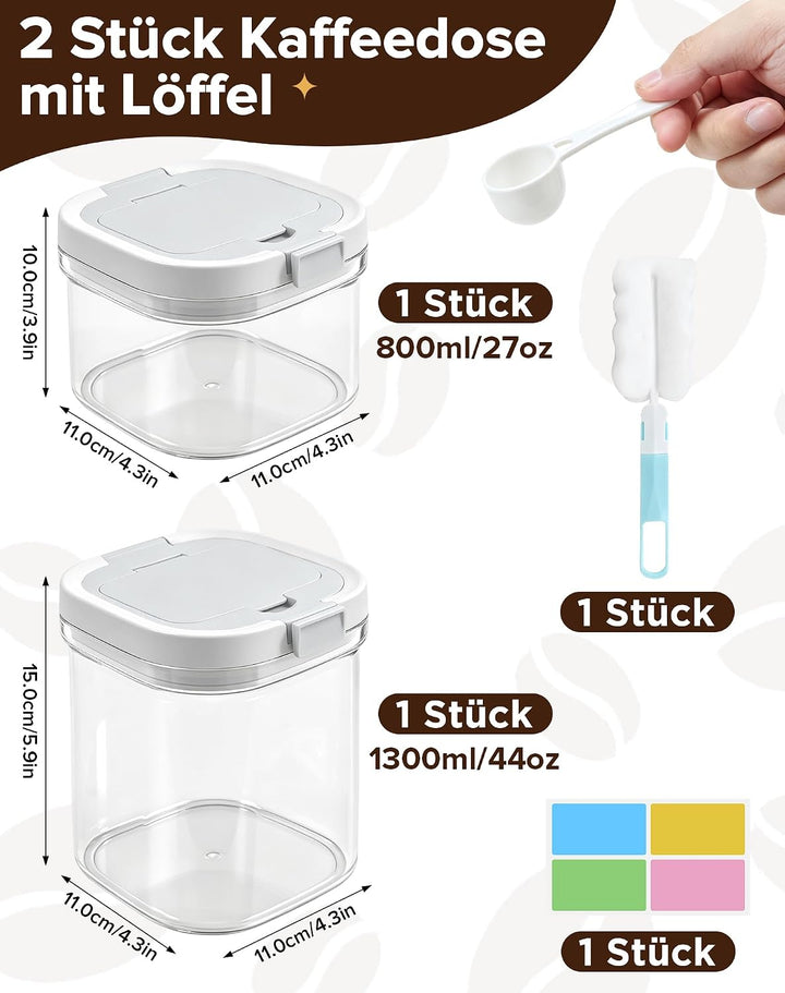 2 Stück Kaffeedose Luftdicht mit Löffel(800ml + 1300ml), Feuchtigkeitsdichte Kaffeebehälter，Vielseit