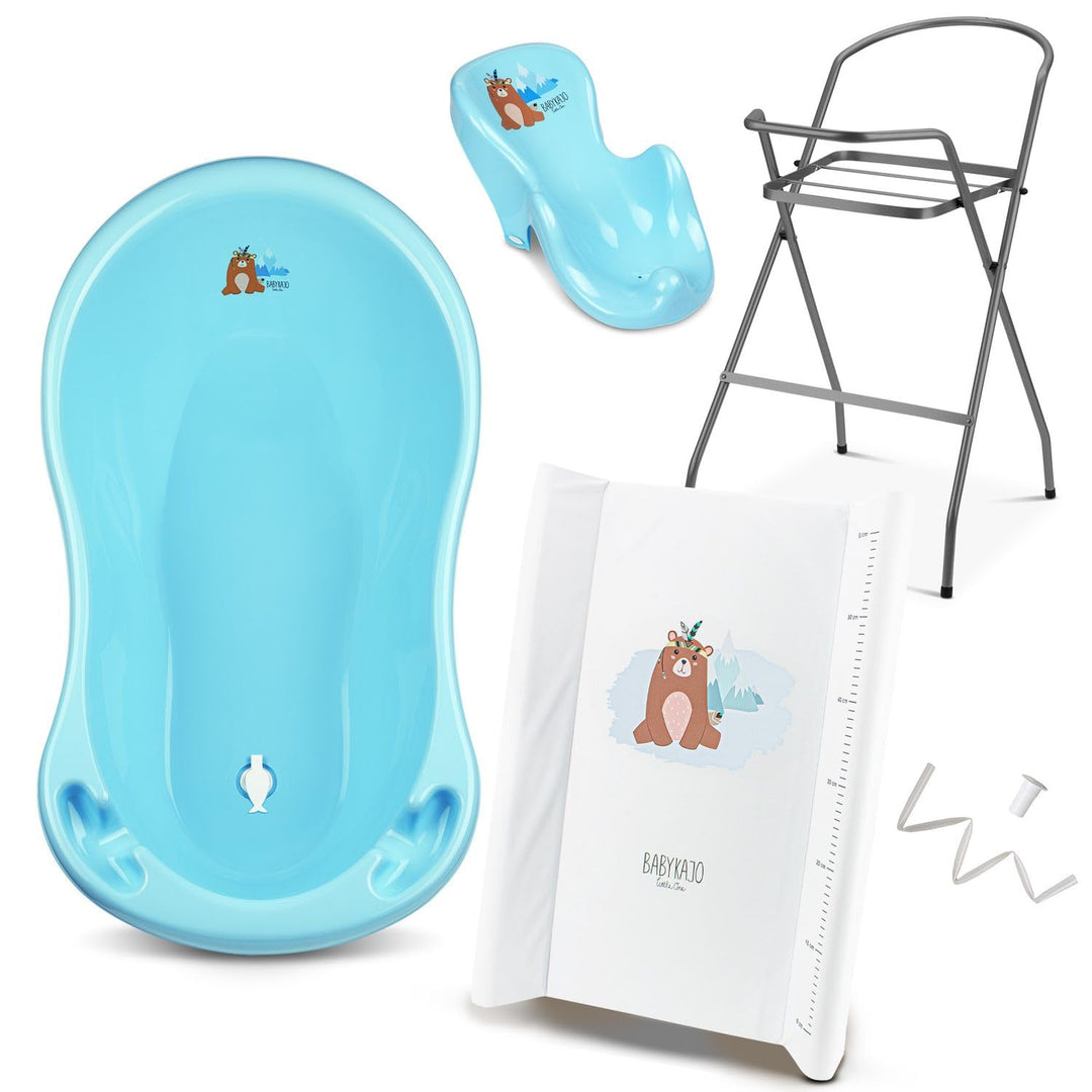 Babybadewanne mit Ständer 5 Set TÜV Rheinland geprüft - Babybadewanne + Baby Badewannensitz + Wickel