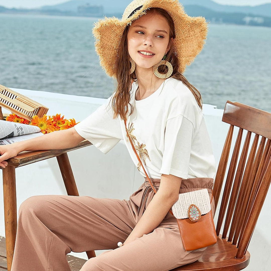 NICOLE & DORIS Damen Handytasche Zum Umhängen Klein Handy Schultertasche Stroh+PU Leder Handy Tasche