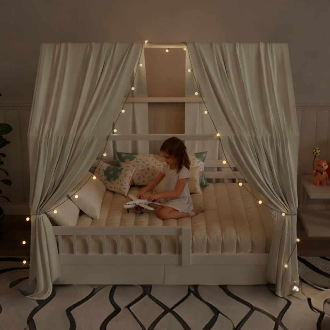 Hausbett Himmel mit Lichterkette 2 Stück Deko Baldachin Hausbett Vorhang,Betthimmel Musselin Stoffhi