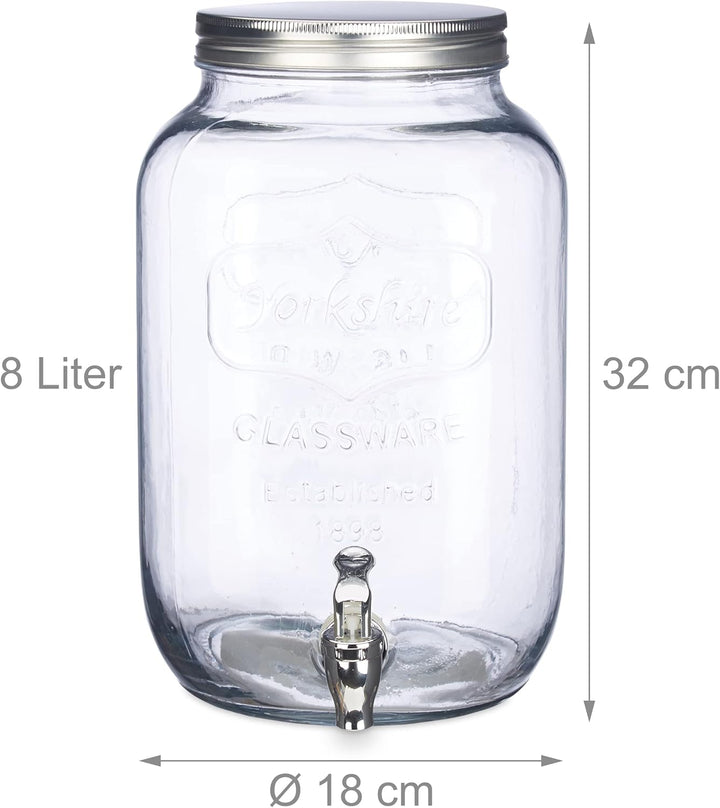 Relaxdays Getränkespender 8 l, Glas, Zapfhahn, Retro Saftspender Gastro, Vintage Limonadenspender Ga