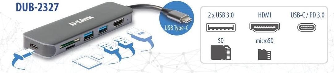 D-Link DUB-2327 6-in-1 USB-C Hub mit Power Delivery (PD 60W, 4K HDMI, 2 USB 3.0 Ports, SD/MicroSD Ca
