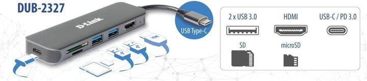D-Link DUB-2327 6-in-1 USB-C Hub mit Power Delivery (PD 60W, 4K HDMI, 2 USB 3.0 Ports, SD/MicroSD Ca