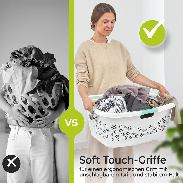 Premium Wäschekorb 50 L ergonomische Form - Soft-Touch-Griffe - grosser Korb grau, Grau