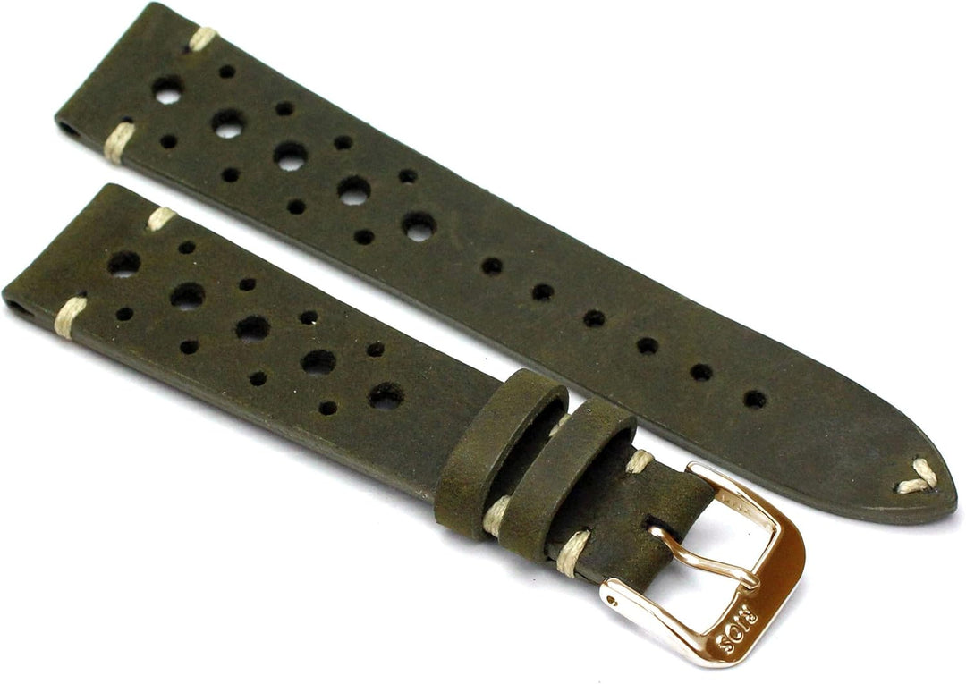RIOS1931 Rallye Gold Vintage Rindsleder Uhrenarmband handgemacht in Deutschland Robust 20mm Moosgrün