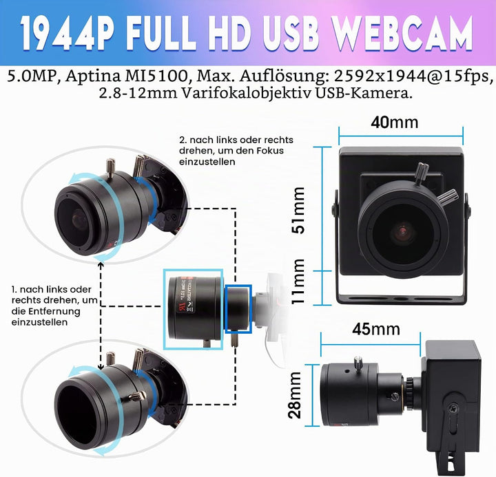 ELP 5 Megapixel Business Webkamera,2,8-12mm Vario Objektiv,USB Computer Zoom Webcam,Weitwinkel,Plug