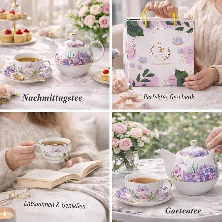 Porcelain Tea for One Set Beautiful Flower Ceramic Teapot with Cup Gifted Box (Hydrangea), Hydrangea