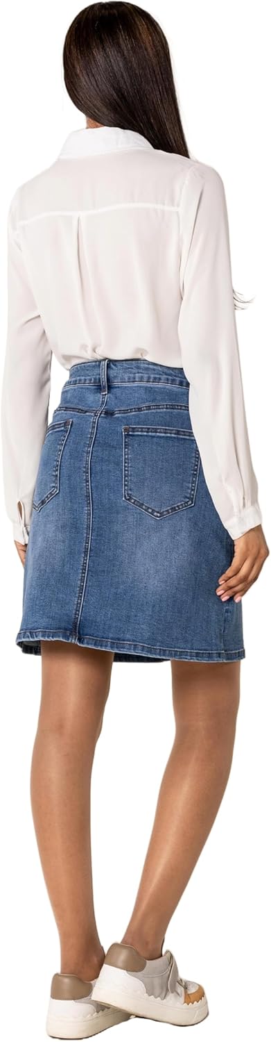 Nina Carter P213 Damen Kurzer Jeansrock mit Vorderem Schlitz Reissverschluss Stretch Used-Look Blau