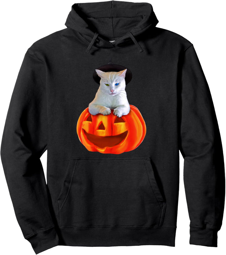 Halloween Cat Witch Hat Pumpkin White Cat Costume Kitty Pullover Hoodie