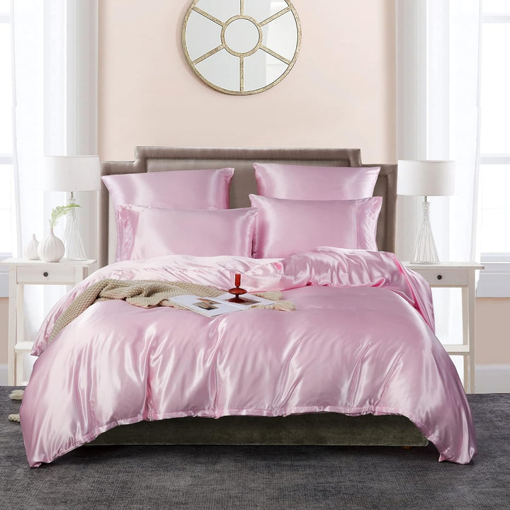 Luofanfei Bettwäsche 135x200 cm 4teilig Rosa Satin Glänzend Seiden Glatt Bettwäsche-Sets Pink Uni He