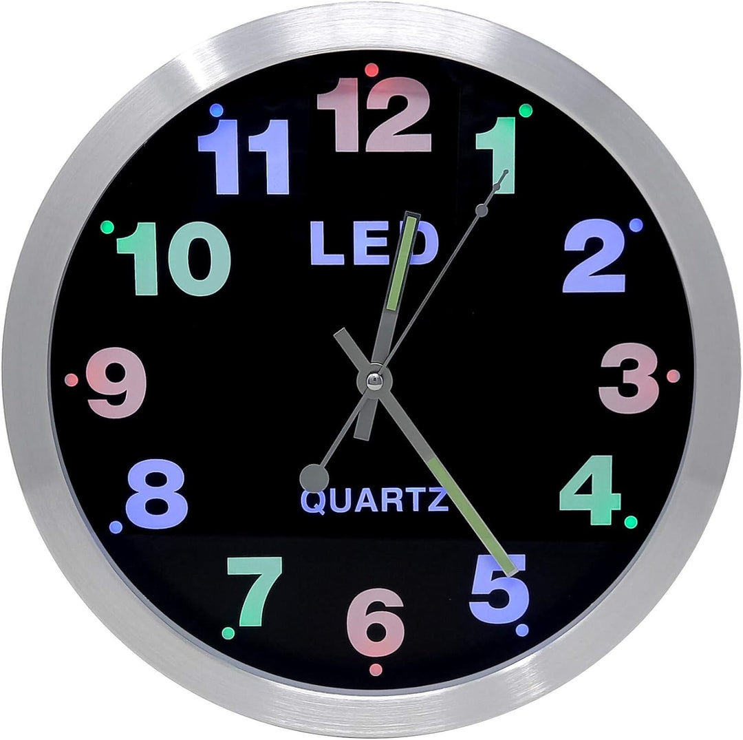 Starlet24 Wanduhr 29,5cm Ø beleuchtet mit bunter LED-Zifferbeleuchtung und Quarz-Uhrwerk (laufruhig,