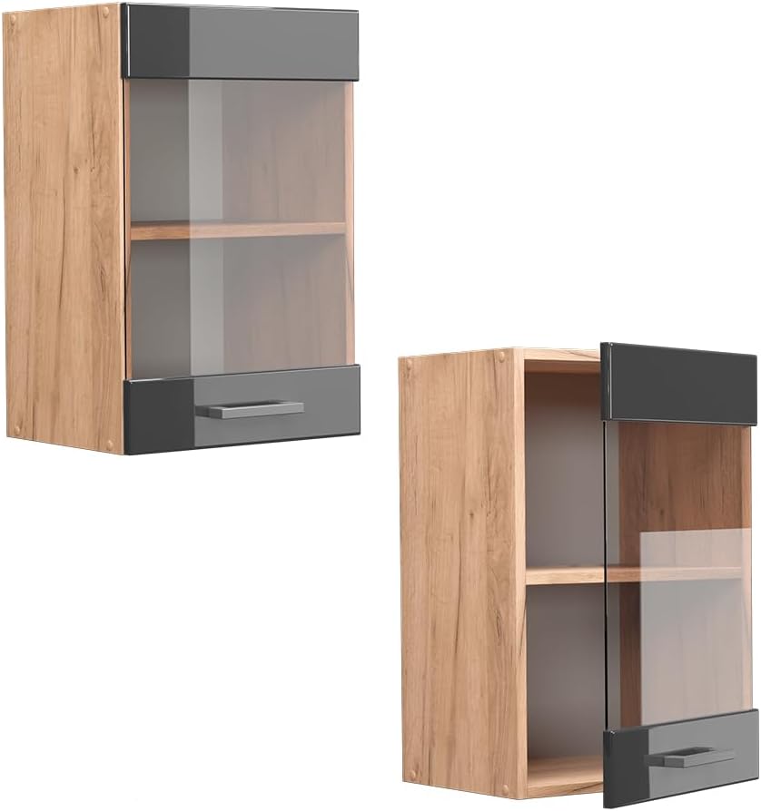 Vicco Küchenschrank Glas R-Line, Anthrazit Hochglanz/Goldkraft Eiche, 40 cm Anthrazit Hochglanz Häng