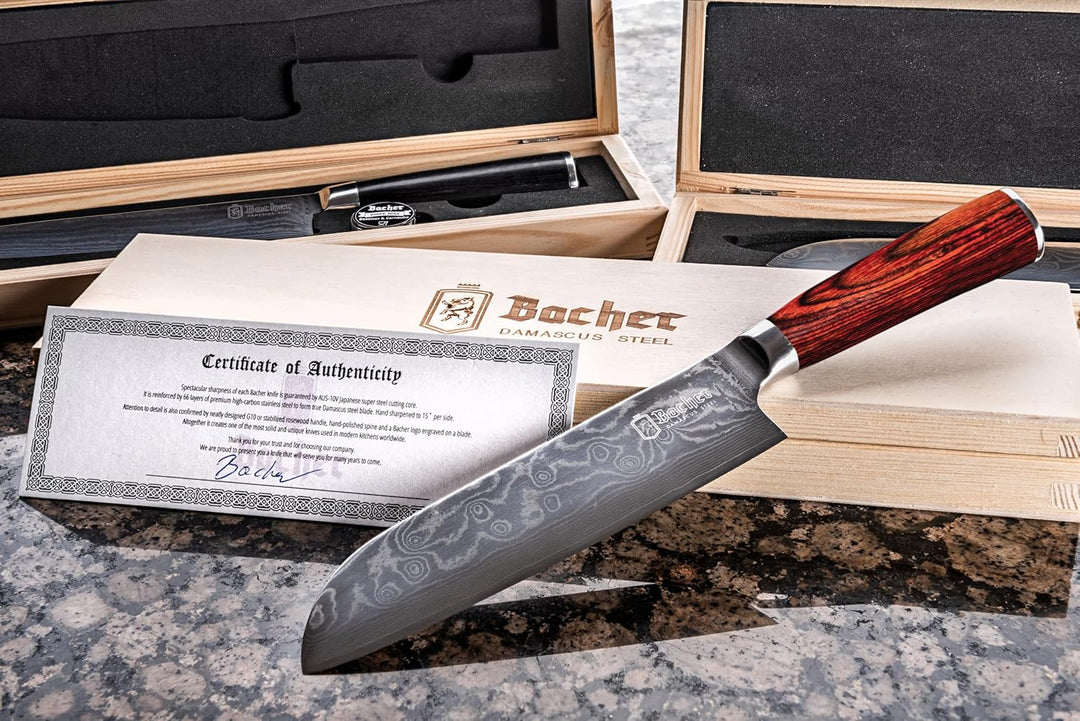 Bacher Santoku Damastmesser 18 cm - Damast Küchenmesser Geschmiedet aus 67 Legen AUS 10V - Profi Sch