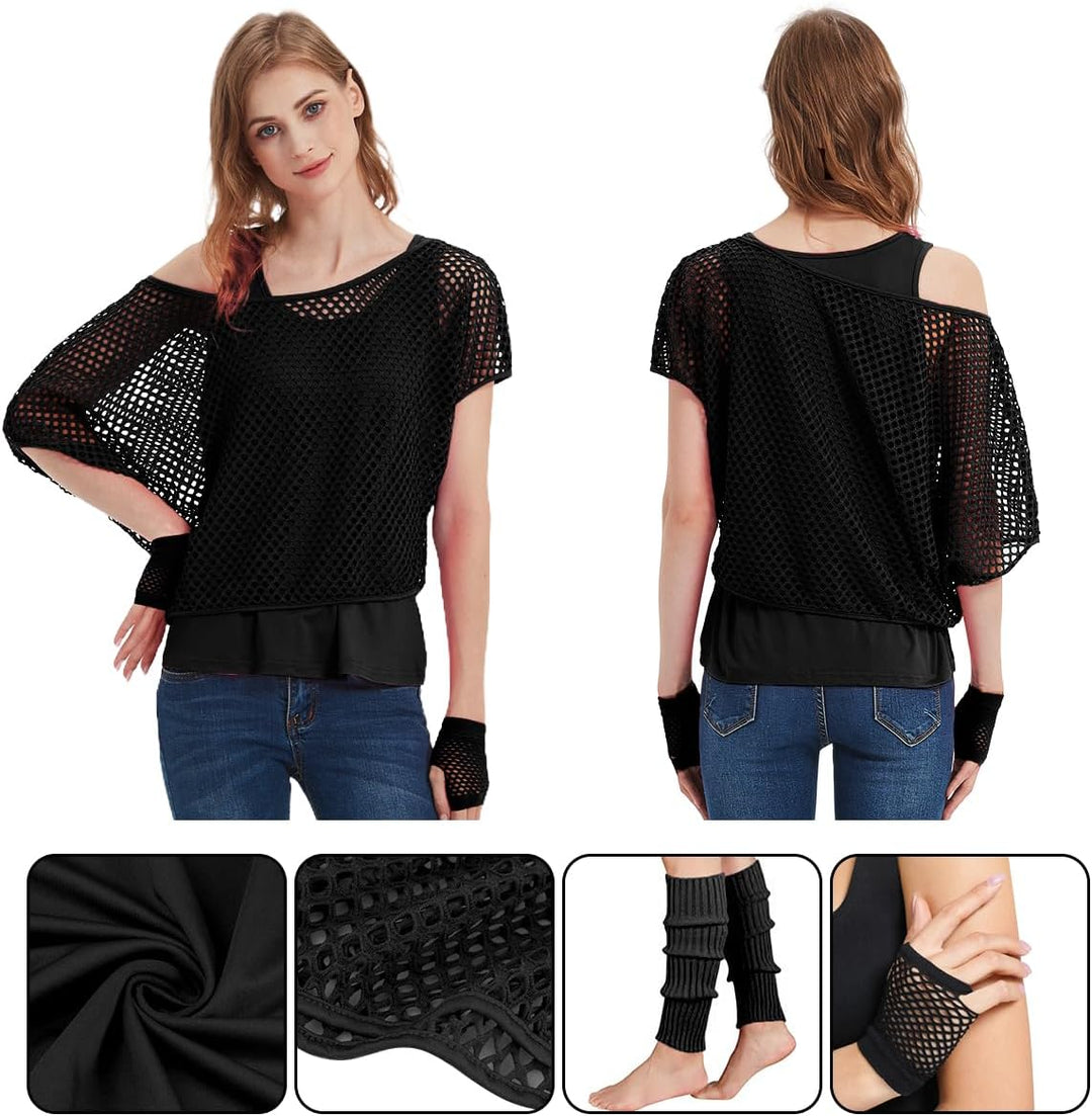 WILDPARTY 80er 90er Jahre Outfit Damen, Netzshirt, Tank top, Beinwärmer, Netzhandschuhe, Kostüm 80er