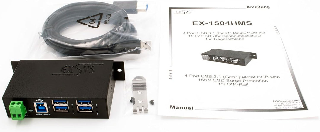 EXSYS EX-1504HMS - Managed 4-Port USB 3.2 Gen1 Metall HUB mit 15KV EDS Überspannungsschutz (Din-Rail