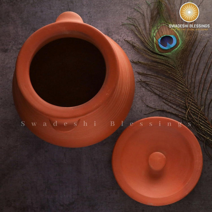 Swadeshi Blessings Exklusive Range unglasierter Tontopf zum Kochen und Servieren mit Deckel, irdener