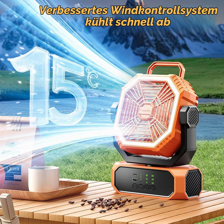 Tragbarer Campingventilator mit Licht, Camping Ventilator mit Fernbedienung, Timer, 3 Geschwindigkei