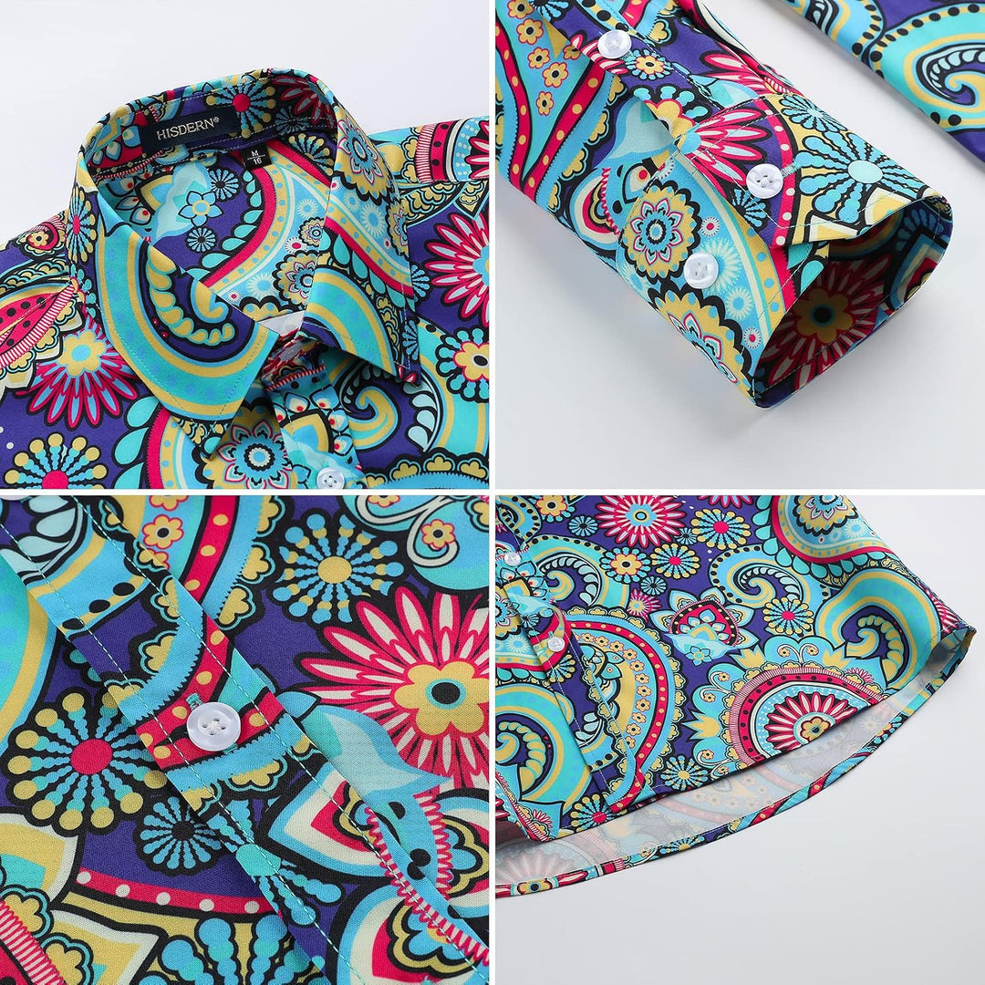 HISDERN Herren Paisley Hemd Langarm Satin Blumen Muster Hemd für Männer Jacquard Stickerei Freizeith