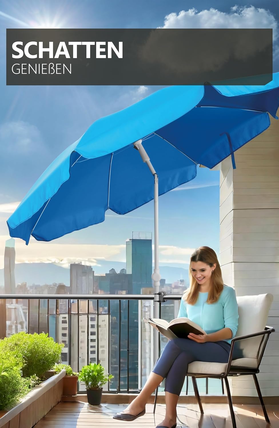4smile Sonnenschirm Balkon SunnyJoy, 3-in-1 SET, Blau - UPF 50+ Sonnenschirm Ø 180 cm + Sonnenschirm