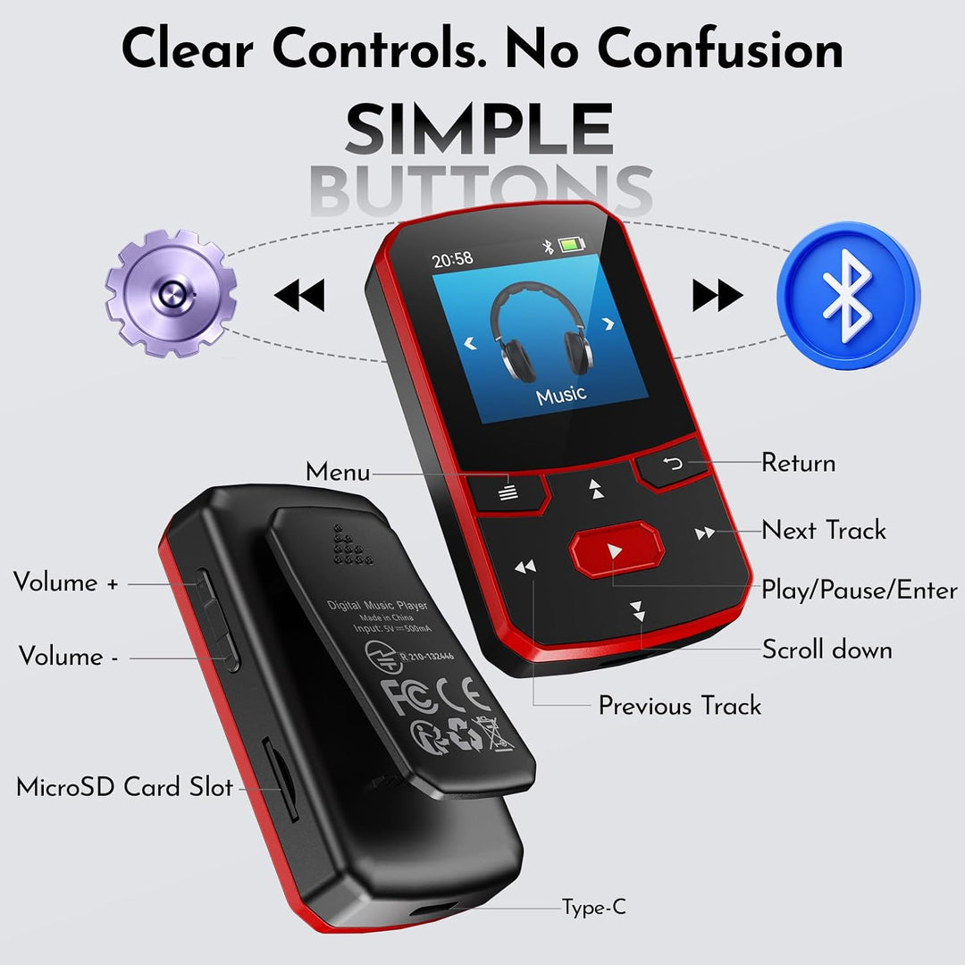 64GB MP3 Player Bluetooth 5.3, Clip Sport Musikplayer mit Blindbedienung, Tragbarer 29g Mini Audiopl
