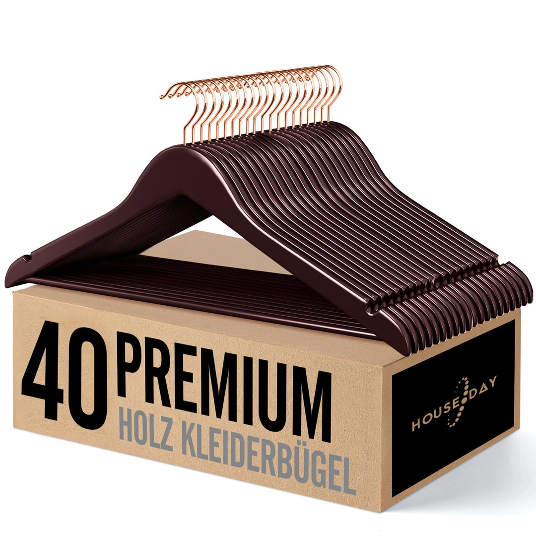 HOUSE DAY Kleiderbügel Holz, 40er Holz Bügel, Kleiderbügel braun für Anzüge, 360° drehbarer Haken in