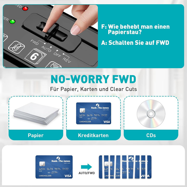 Aktenvernichter, 6 Blatt Streifenschnitt Papierschredder, inklusive Kreditkartenvernichtung, P-2, Ko