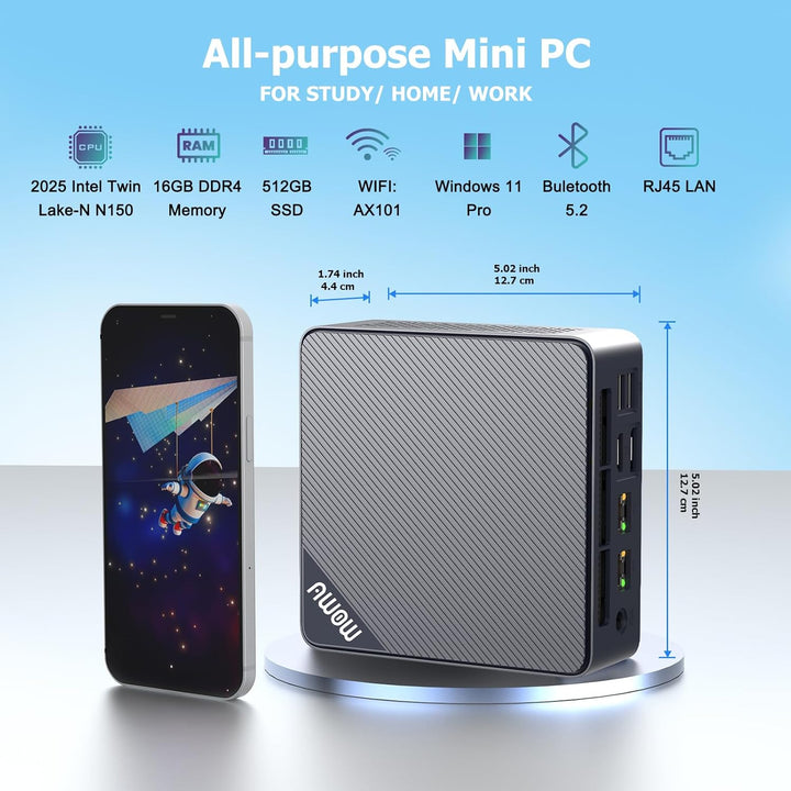 AWOW Mini PC W-11 Pro Twin Lake-N N150 Quad Core 3.60 GHz, 16 GB DDR4 3200MHz 512 GB M.2 PCIE3.0 SSD