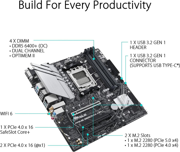 ASUS Prime B650M-A WIFI Gaming Mainboard Sockel AMD AM5 (Ryzen 7000, micro-ATX, DDR5 Speicher, PCIe